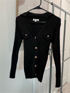 Nanette Lepore Black Ribbed Button-Front Cardigan with Gold Buttons